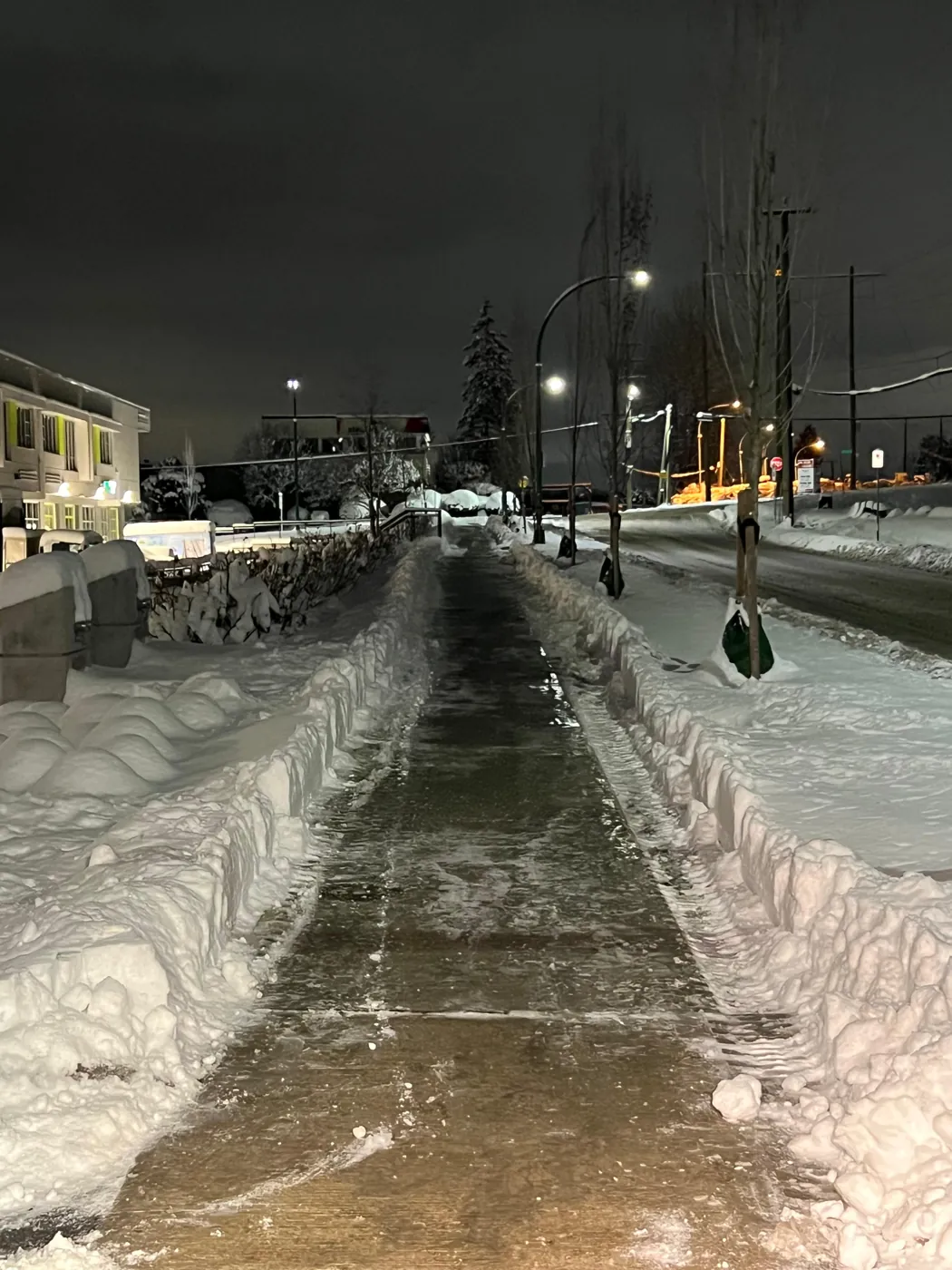 Cleared sidewalk after a snowfall at night